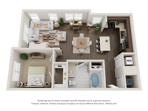 A 3D floor plan of a house with a living room, dining room, kitchen, and bathrooms.